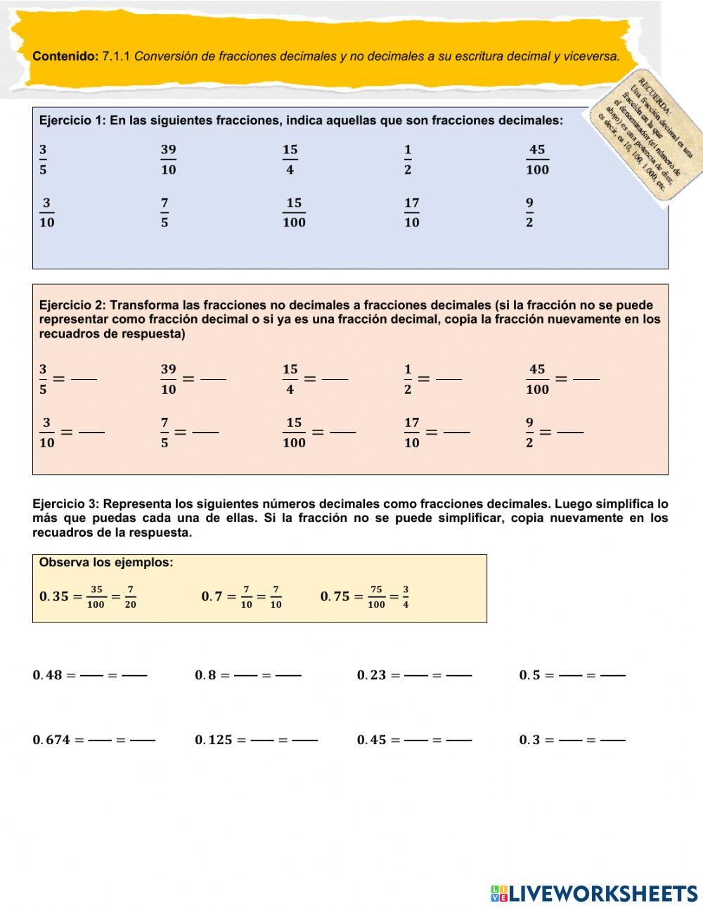 Ejercicios de fracciones y decimales