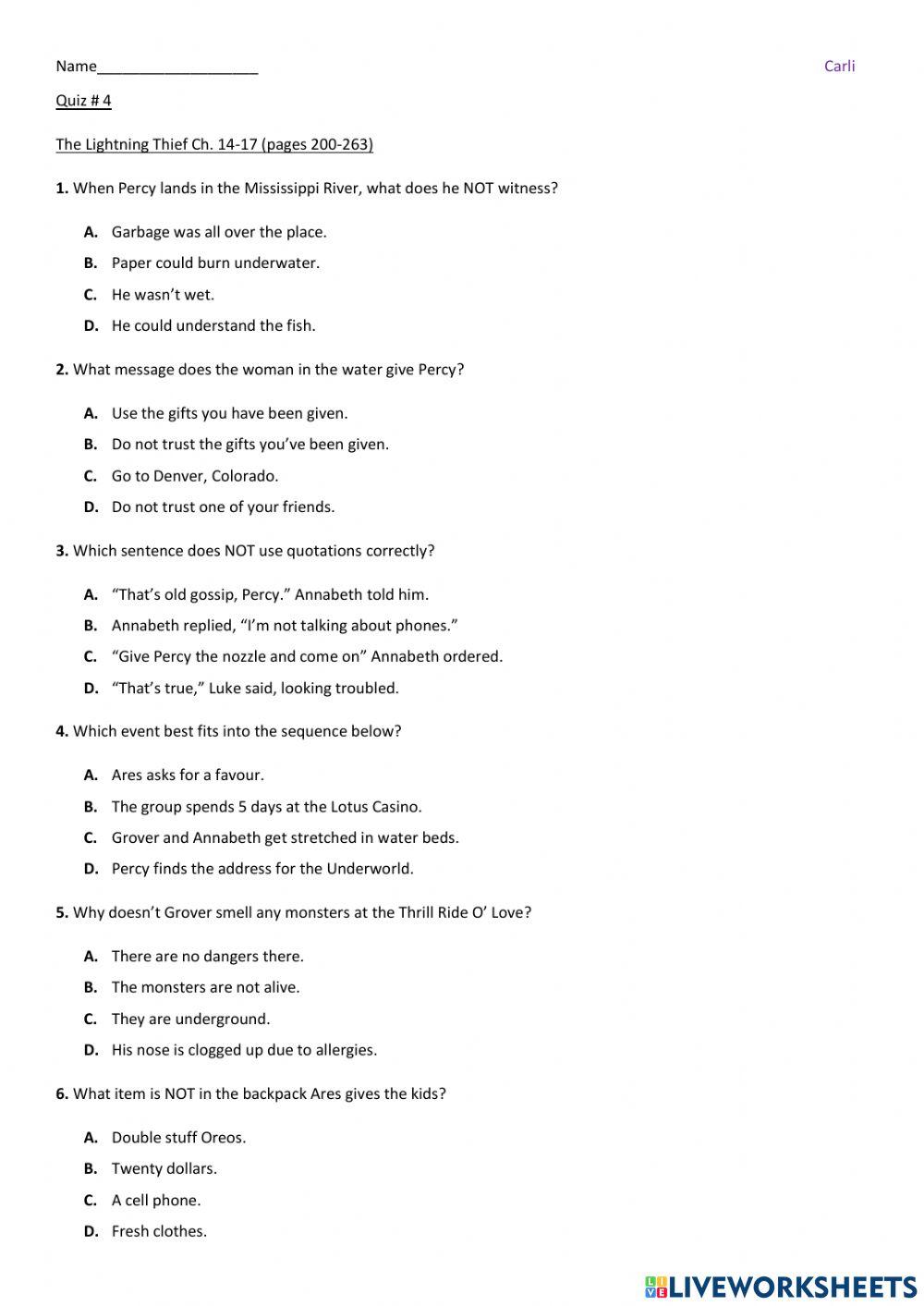 Quiz- Percy Jackson worksheet | Live Worksheets