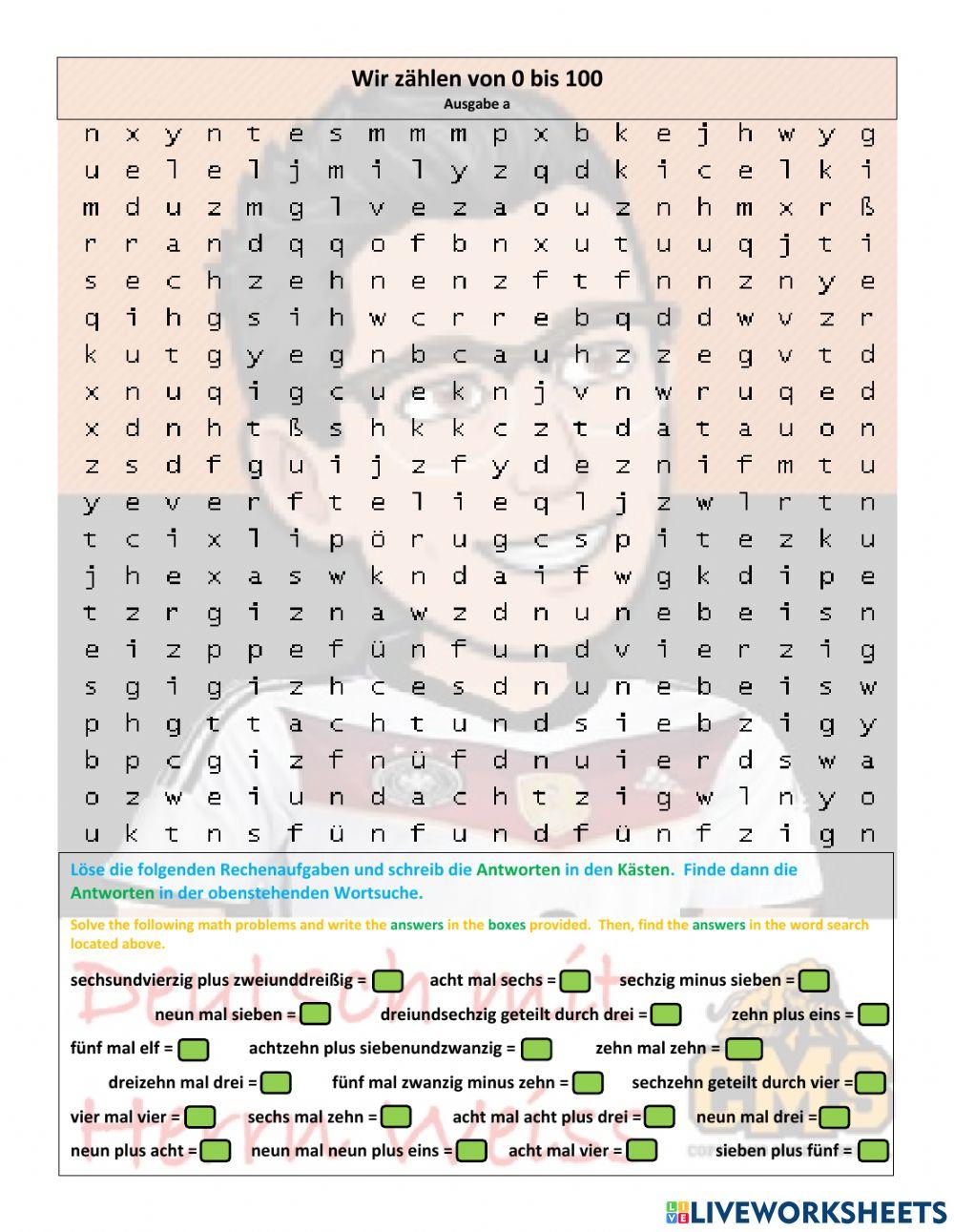 Wortsuche mit Zahlen bis 100