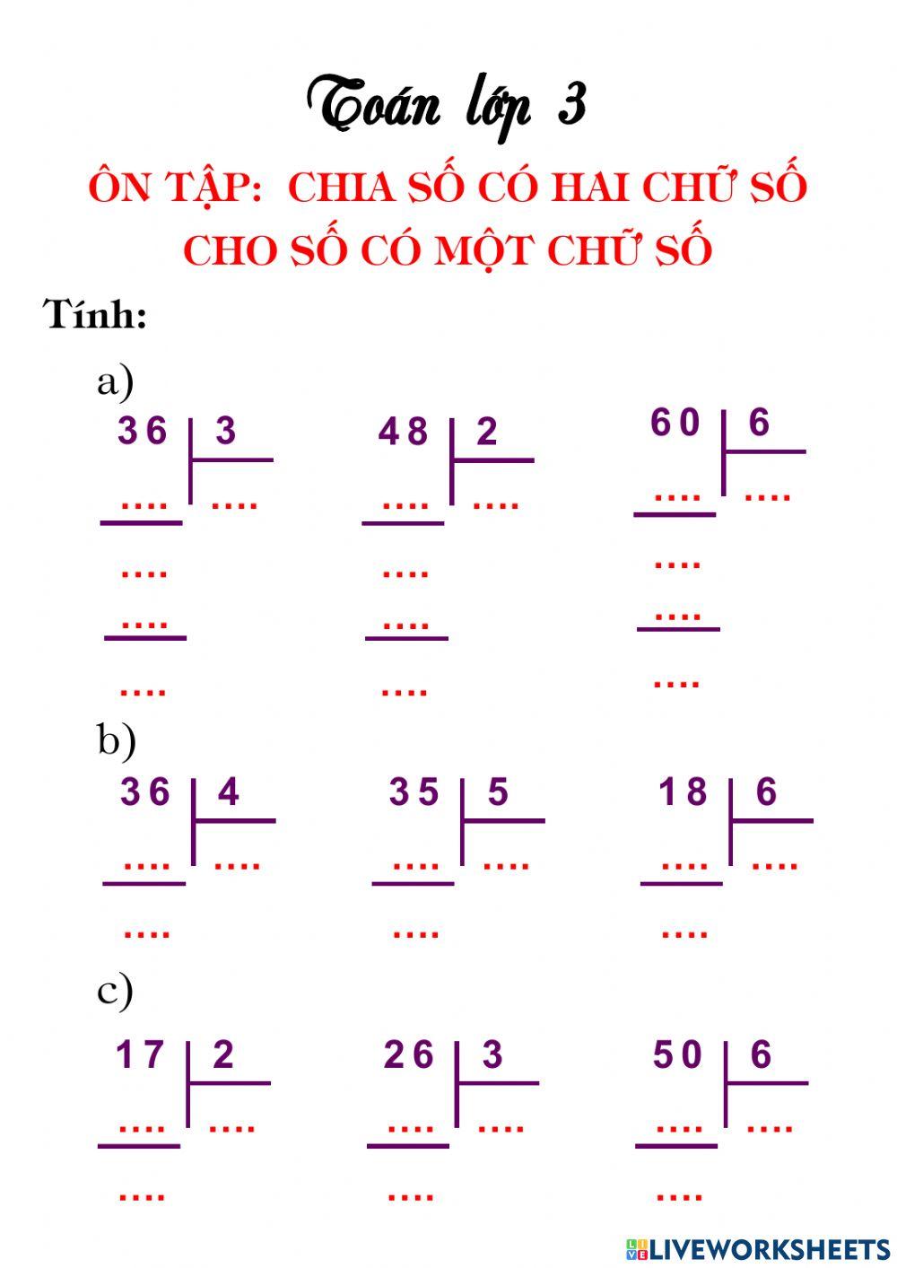 Toán 3 Ôn cách chia số có 2 chữ số cho số có 1 chữ số Toán 3 Ôn cách chia số có 2 chữ số cho số có 1 chữ số