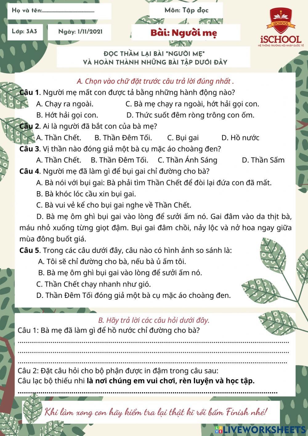 Bài tập Người mẹ