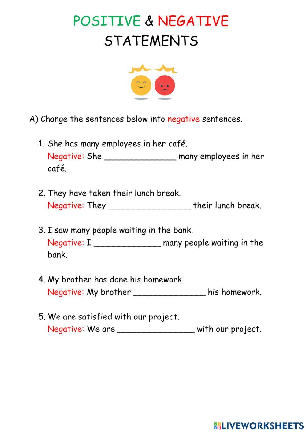 Negative & positive statements worksheet