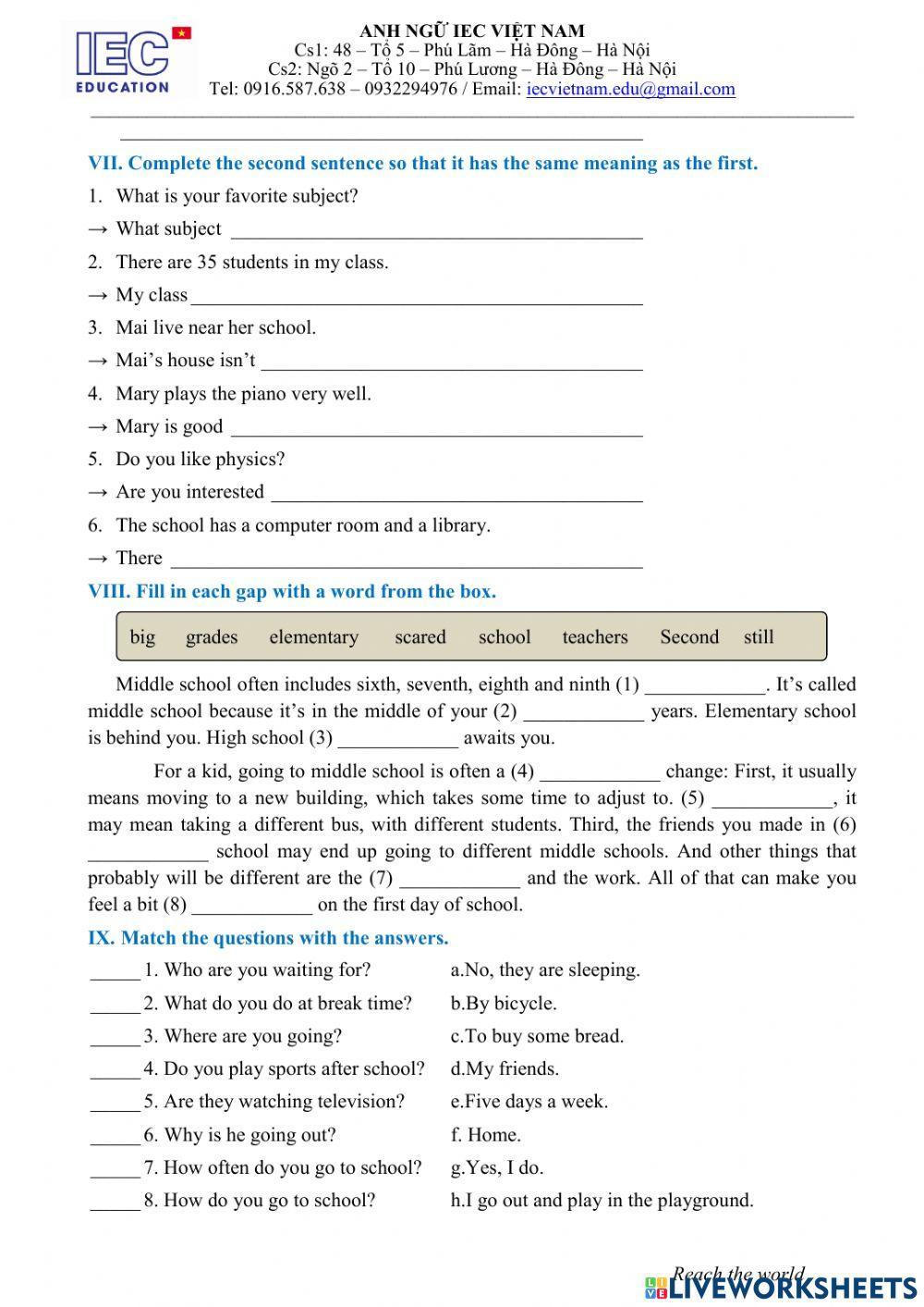 Unit 1 : My New School