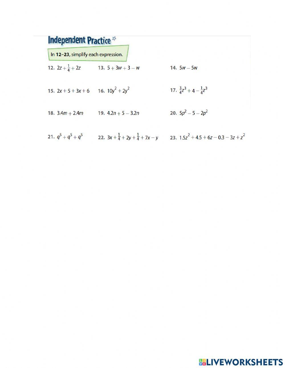 Simplifying algebraic expressions