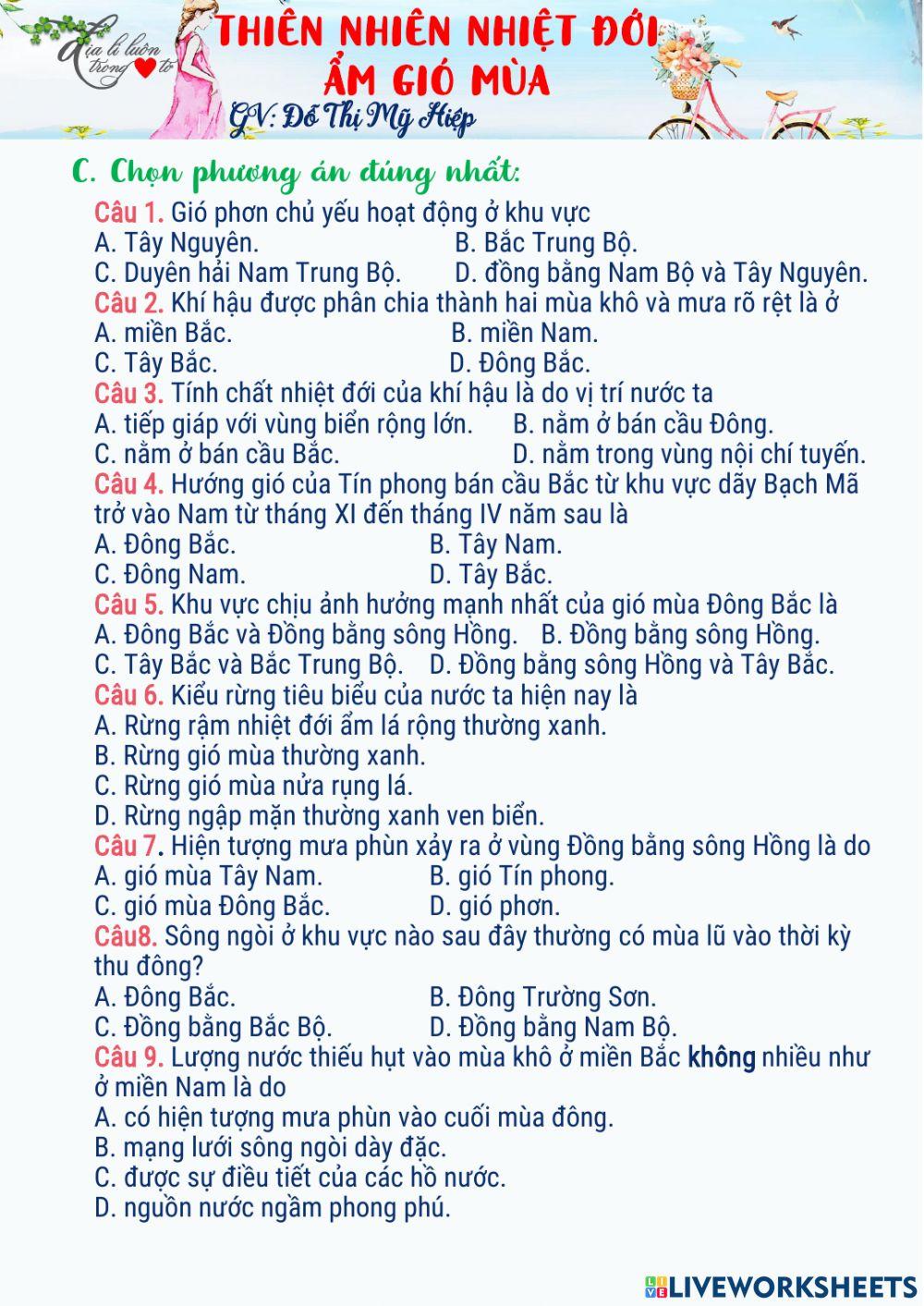 Địa 12-Bài tập. THIÊN NHIÊN NHIỆT ĐỚI ẨM GIÓ MÙA