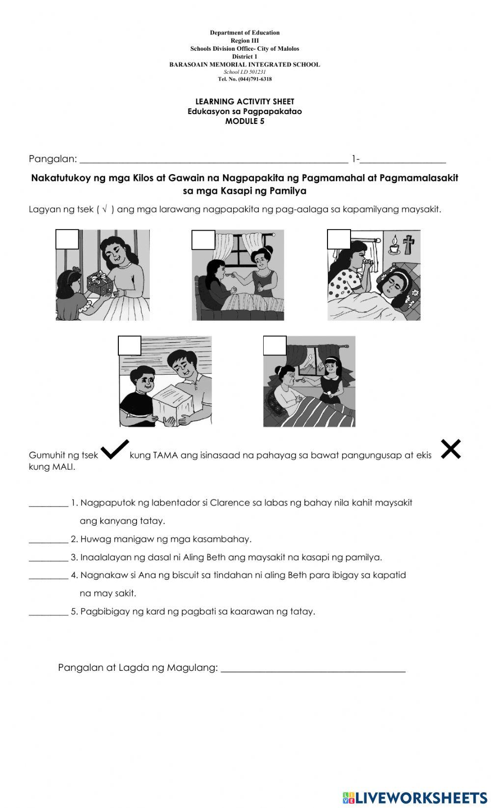 Nakatutukoy ng mga Kilos at Gawain na Nagpapakita ng Pagmamahal at Pagmamalasakit sa mga Kasapi ng Pamilya