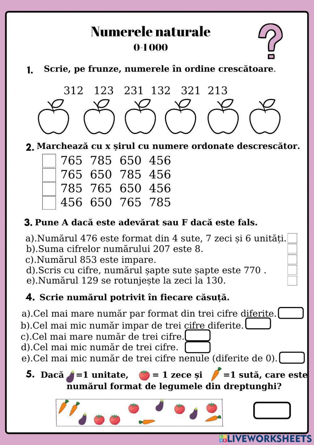 Numerele naturale 0-1 000