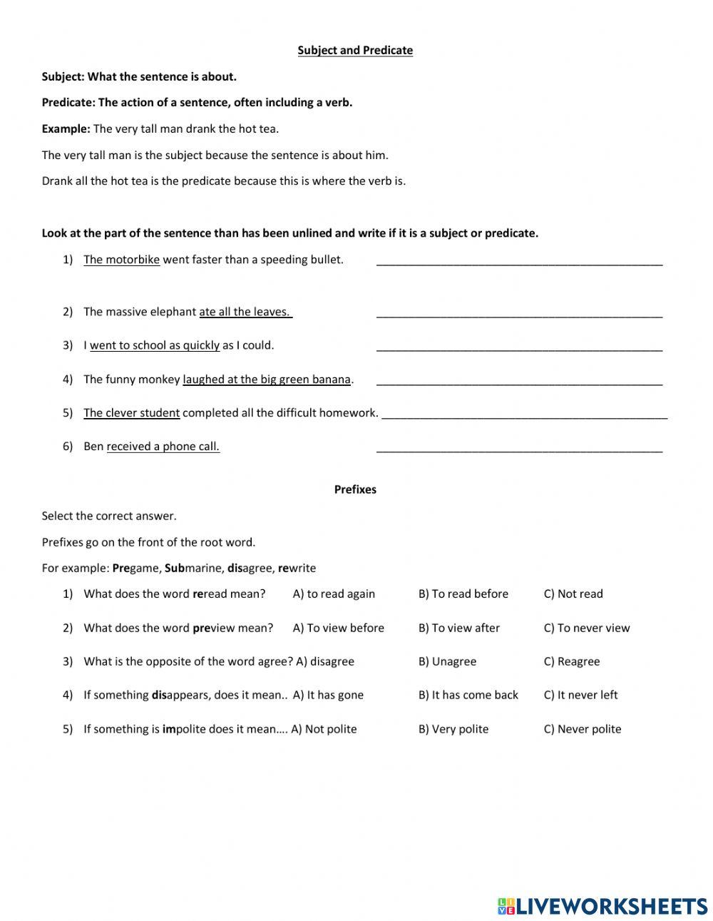 Subject & Predicates and Prefixes