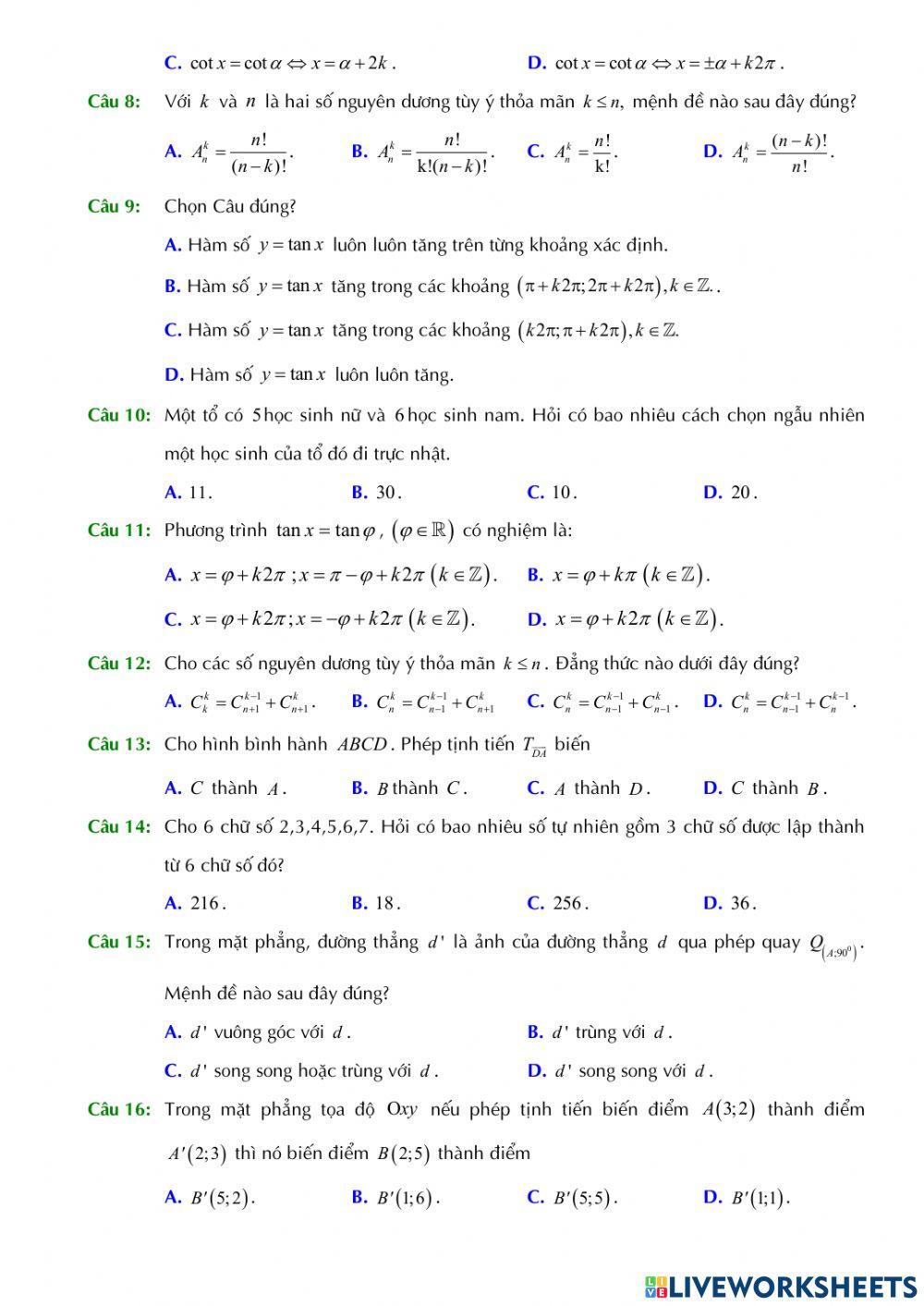 Toán 11 - Kiểm tra GK1 - Đề số 02