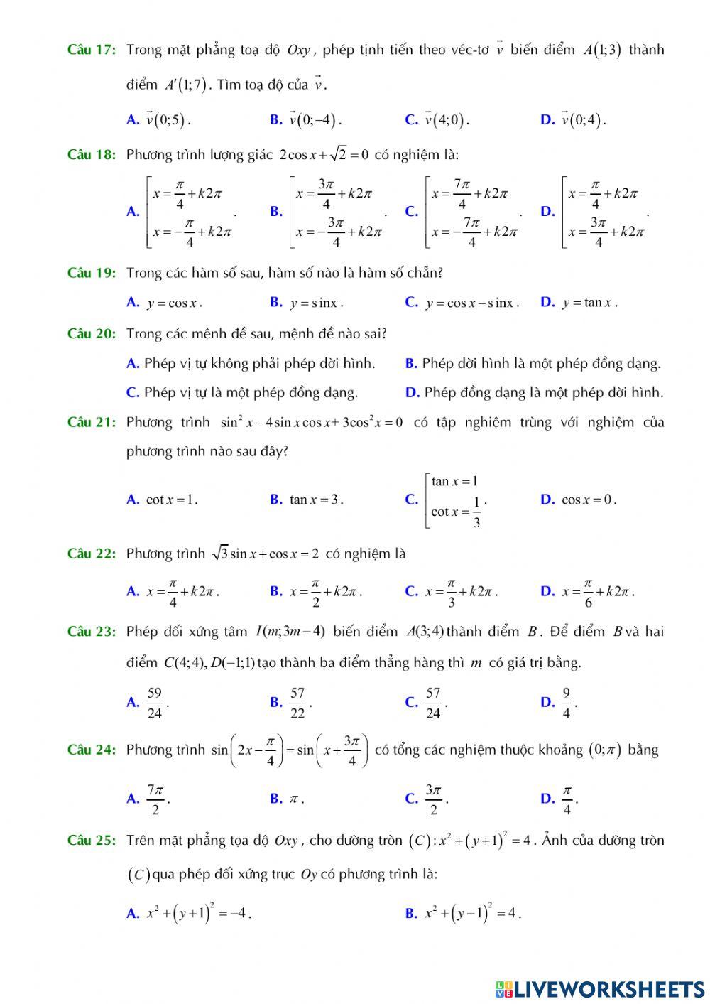 Toán 11 - Kiểm tra GK1 - Đề số 02