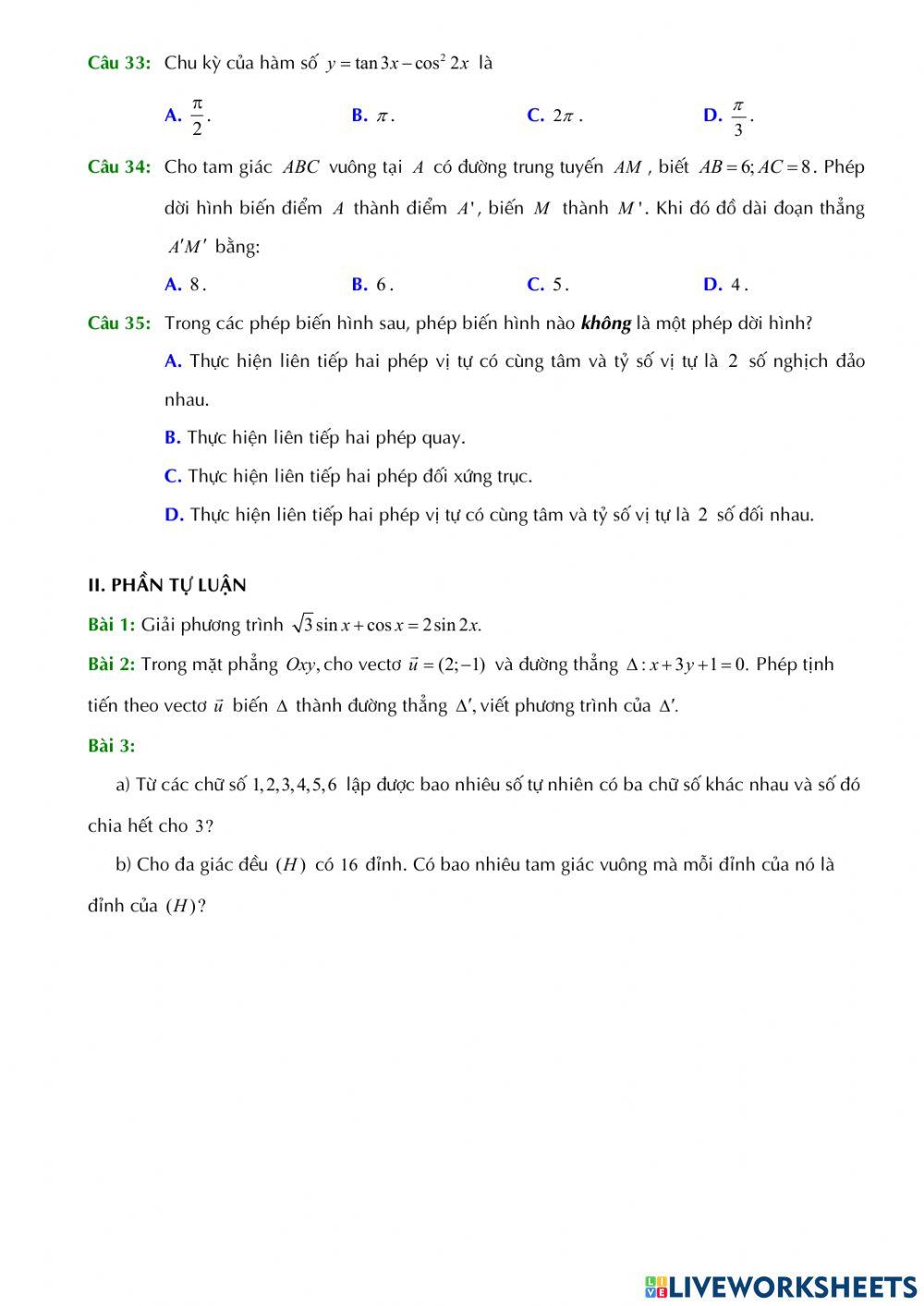 Toán 11 - Kiểm tra GK1 - Đề số 02