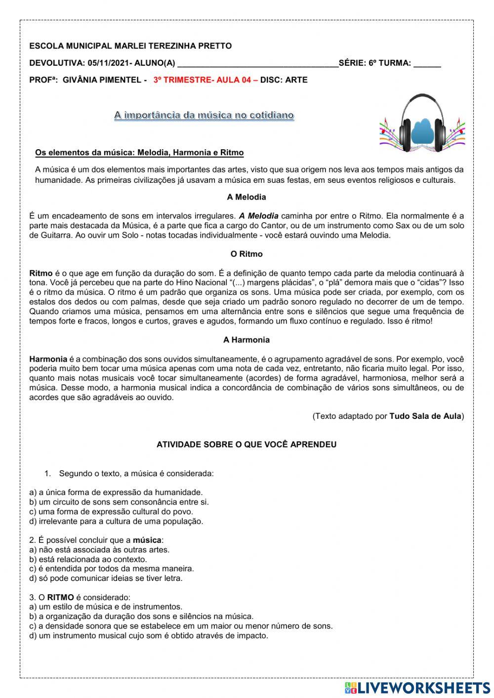 Atividade de Arte- 6 ano- A música, o ritmo e a melodia worksheet