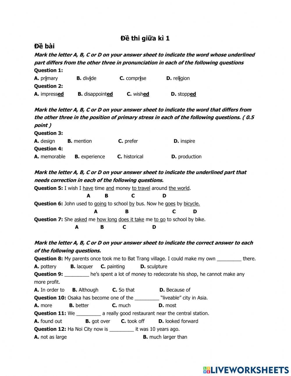 Grade 9 đề thi giữa học kì 1 số 2