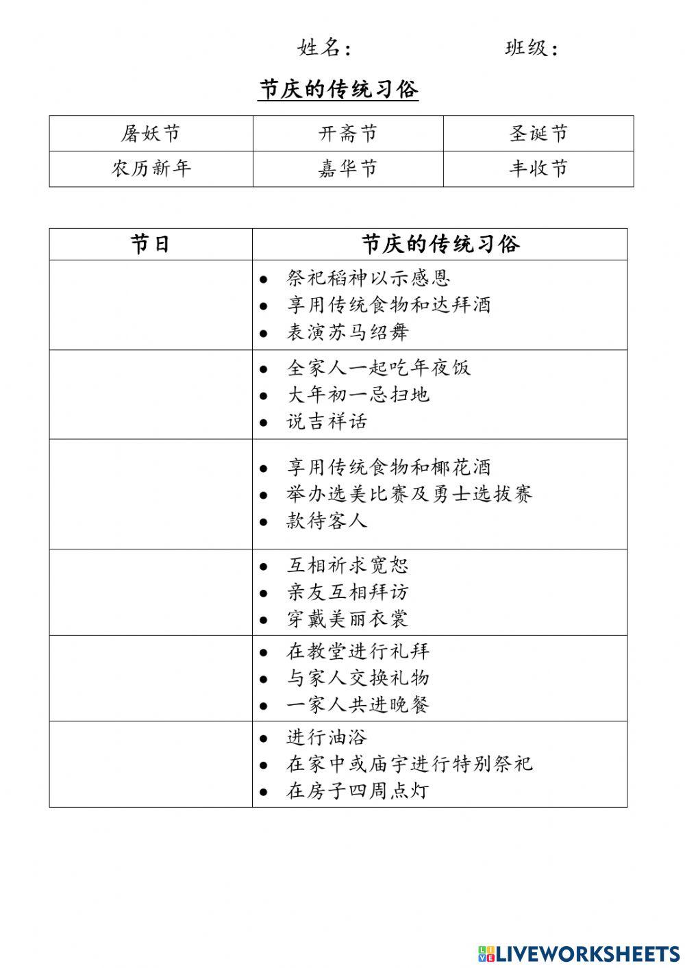 六年级历史：单元六《节庆的传统习俗》练习