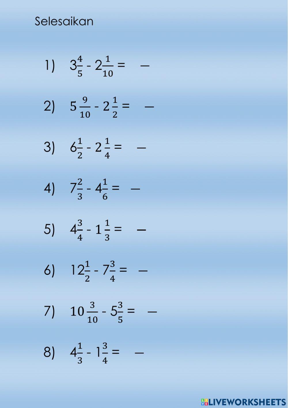Tolak nombor bercampur berlainan penyebut