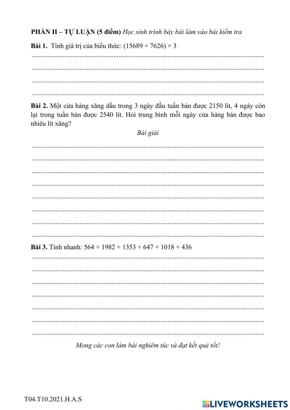 Bài kiểm tra tháng 10