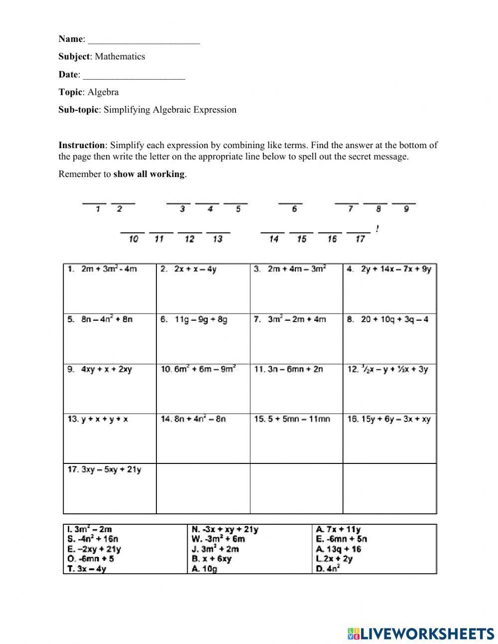 Secret Message (Combine like terms)