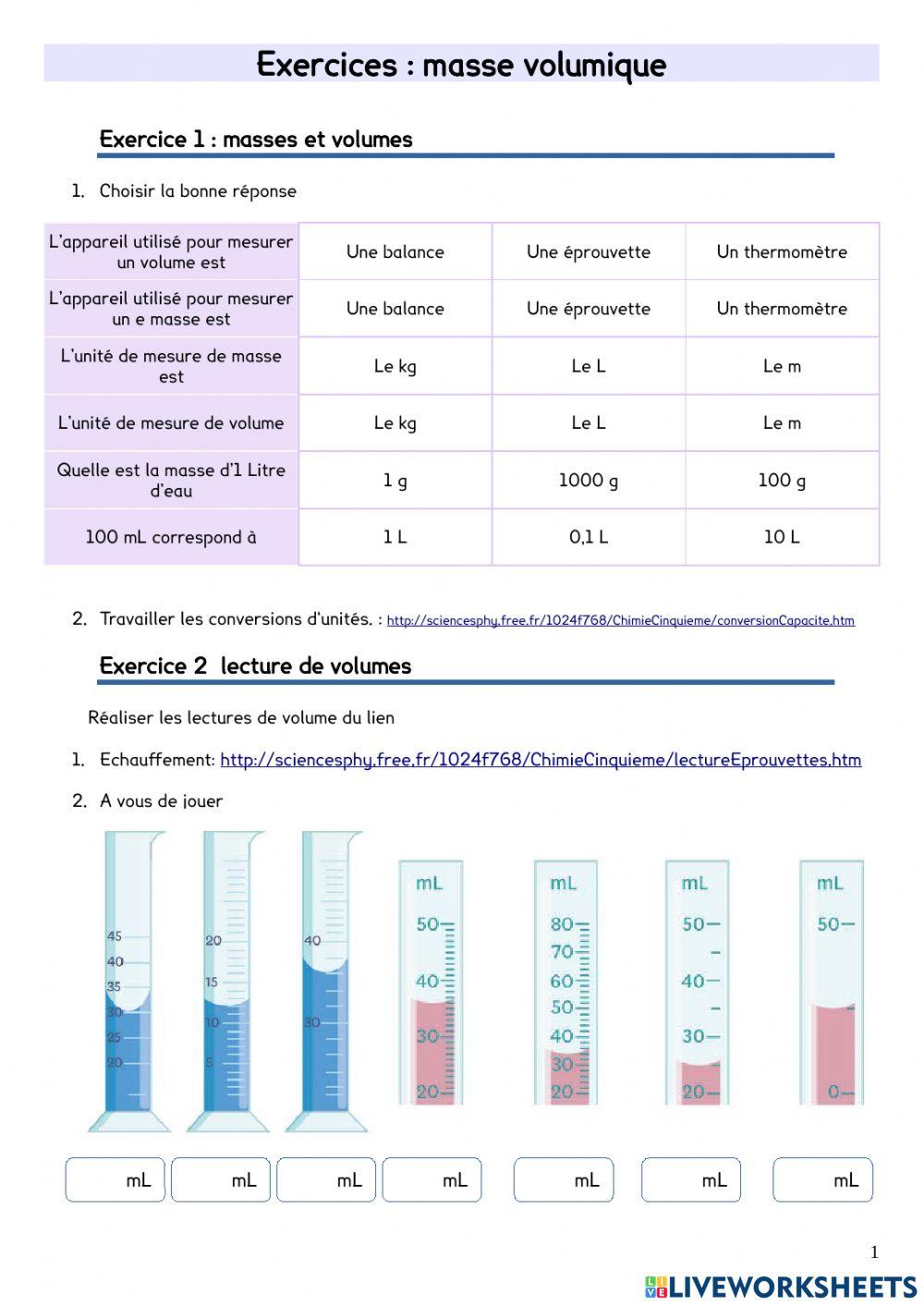 Exercices masses volumes