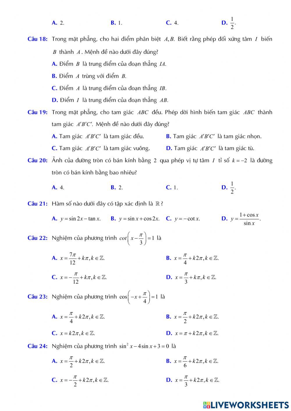 Toán 11 - Kiểm tra GK1 - Đề số 04