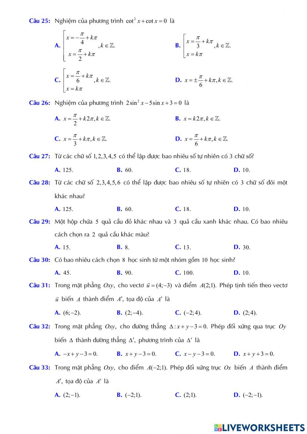 Toán 11 - Kiểm tra GK1 - Đề số 04