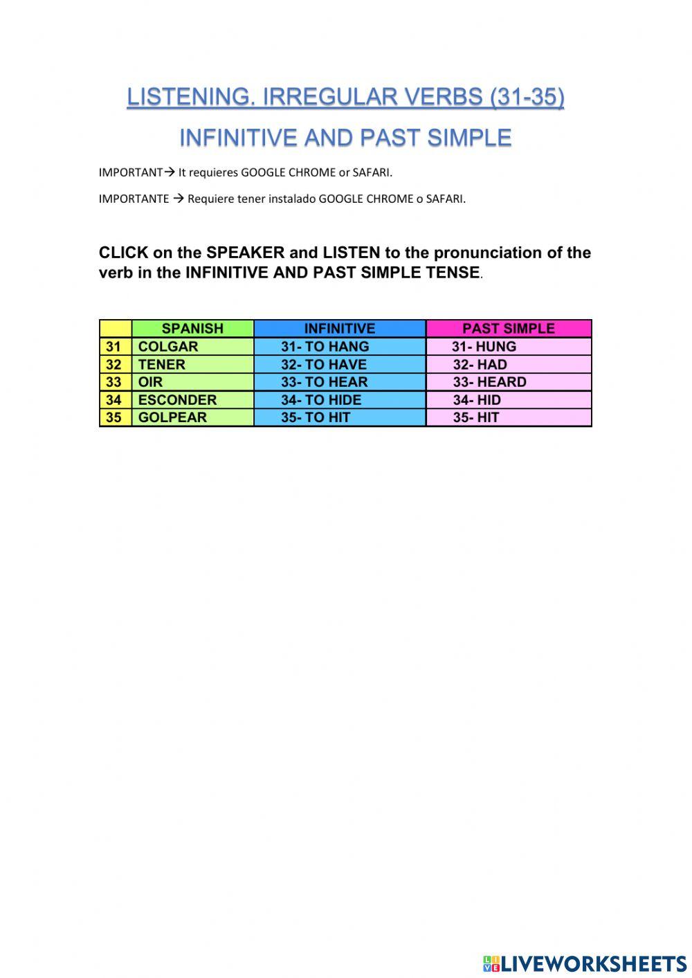6-IRREGULAR VERBS.INFINITIVE - PAST SIMPLE. 31-35. LISTENING