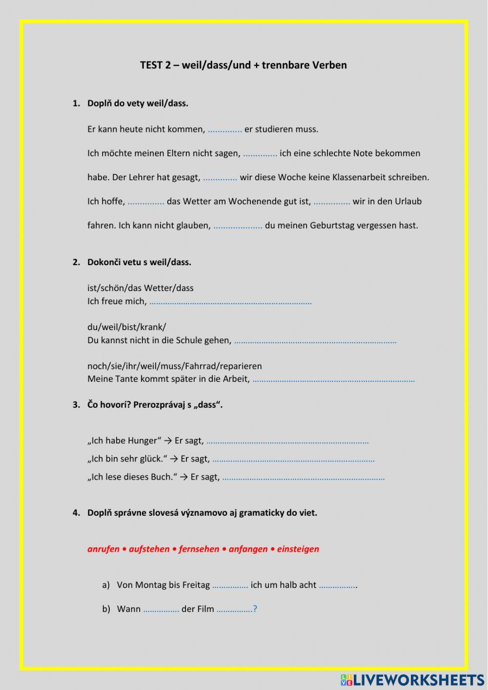 Test 2 - weil-dass-und, trennbare Verben