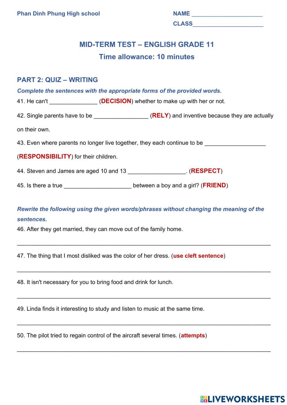 English 11 - Midterm Test writing 2