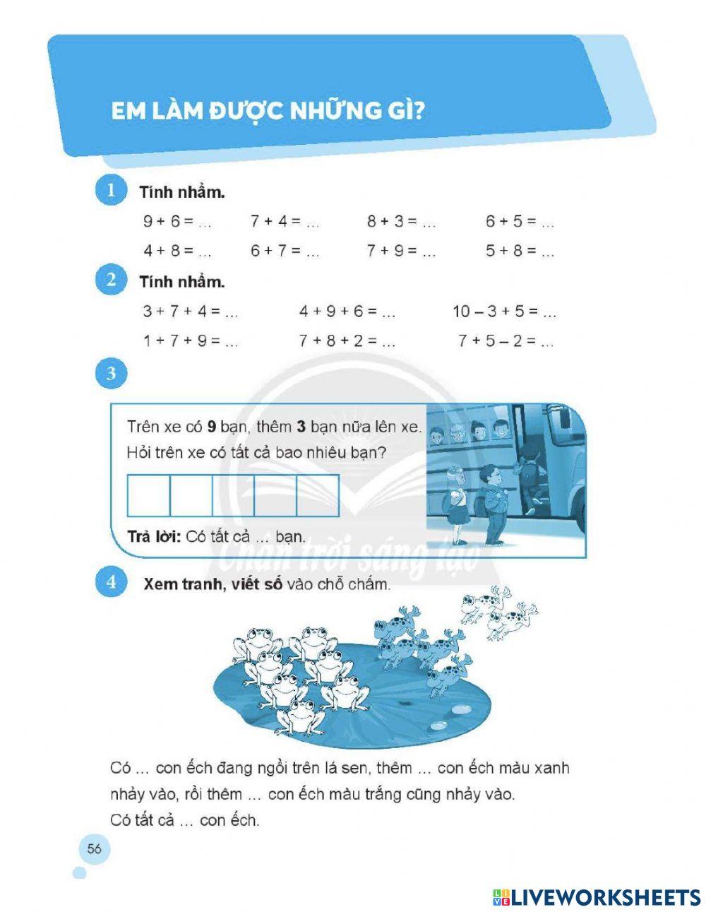 Phiếu bài tập toán trang 56 lớp 2 tập 1