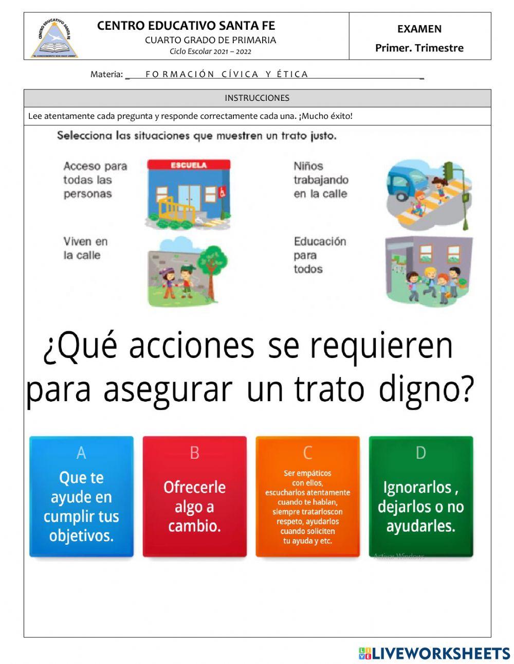 Examen formación Cívica  Ética Cuarto primaria