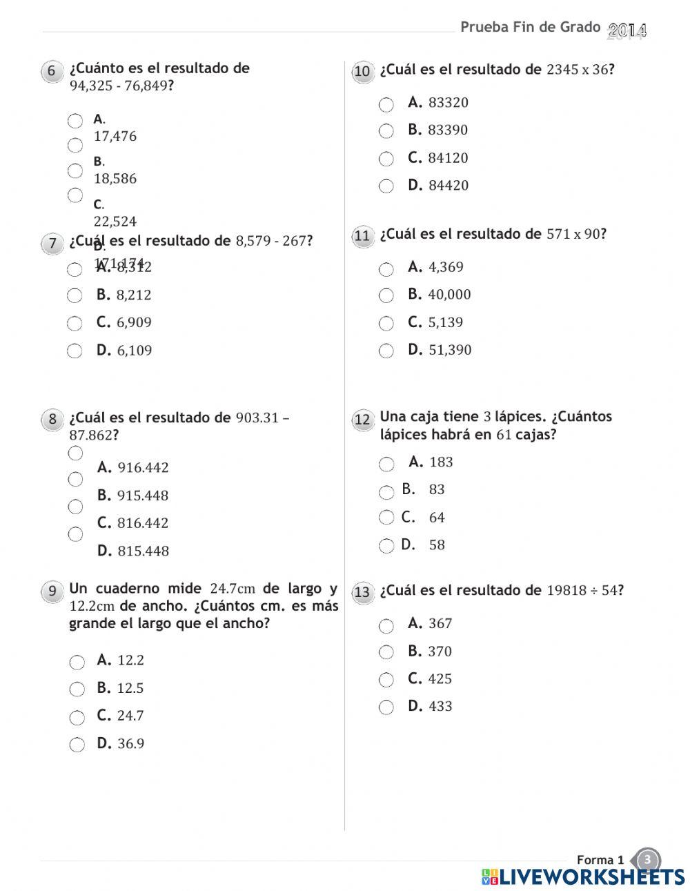 Prueba de  MATEMATICAS fin de grado - cuarto