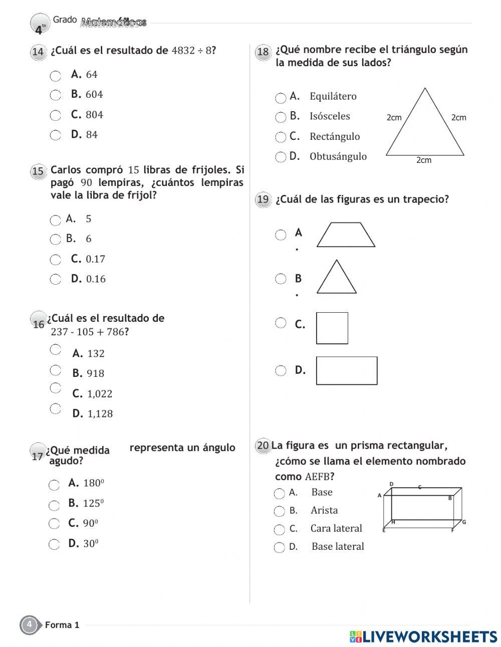 Prueba de  MATEMATICAS fin de grado - cuarto