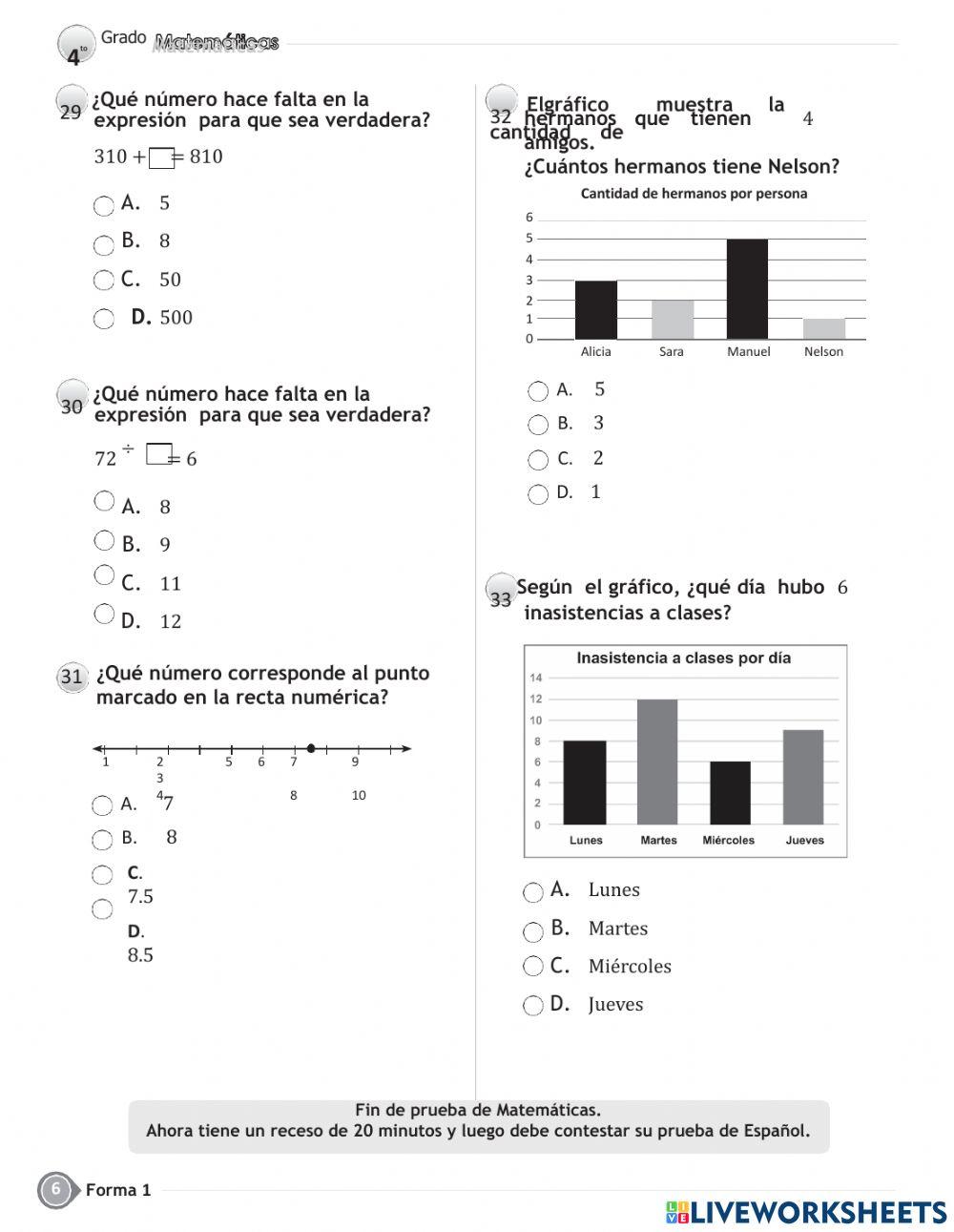 Prueba de  MATEMATICAS fin de grado - cuarto