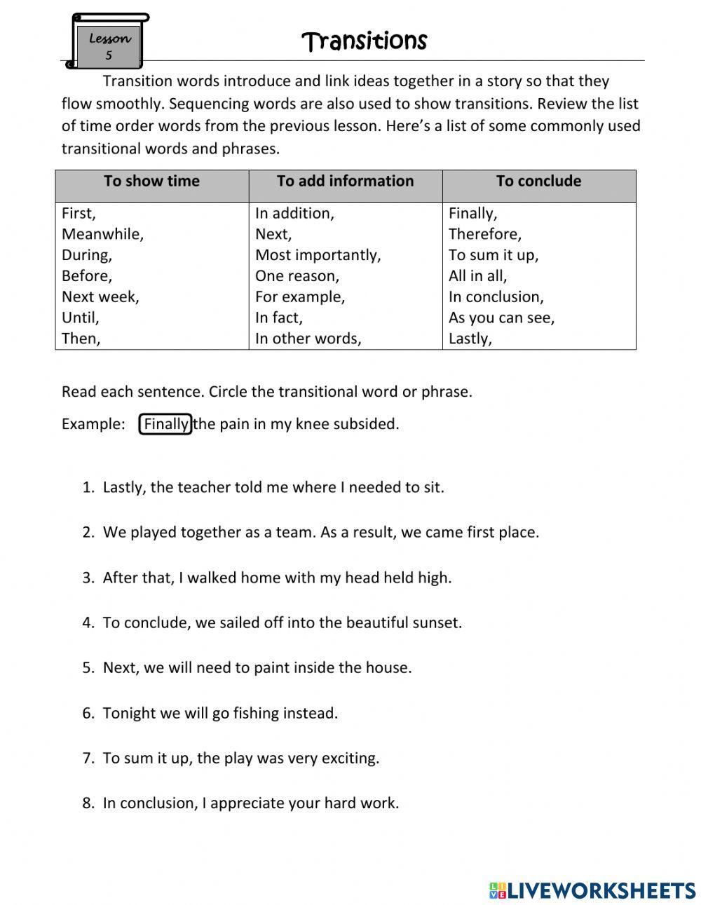 Transitional Phrases worksheet | Live Worksheets transitional-phrases-worksheet-live-worksheets