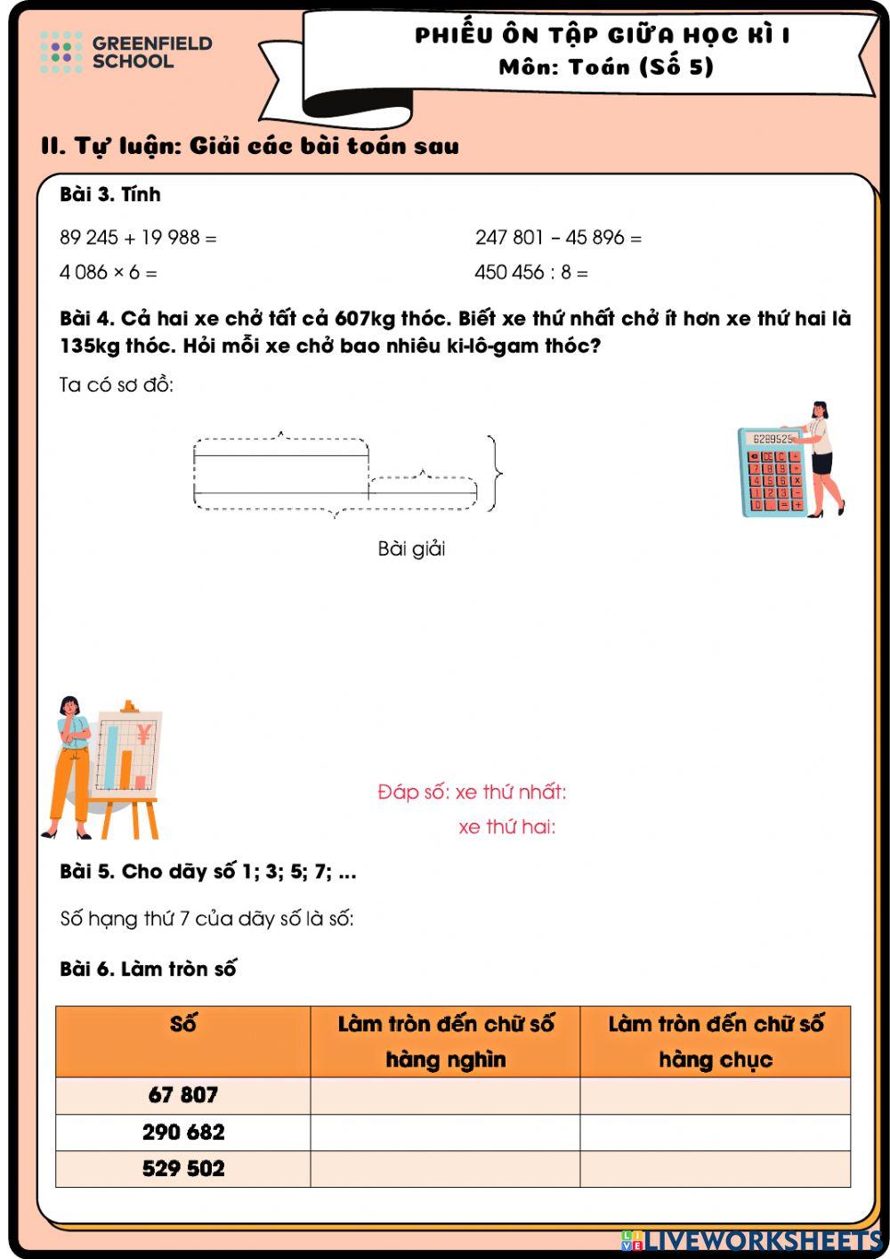 Phiếu Ôn tập Giữa học kì I - Toán - Số 5