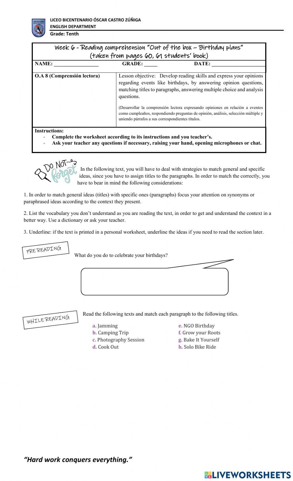 Week 6 - Reading comprehension “Out of the box – Birthday plans”