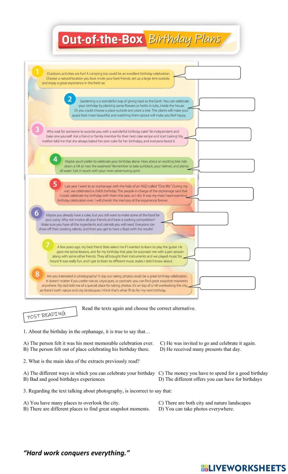 Week 6 - Reading comprehension “Out of the box – Birthday plans”
