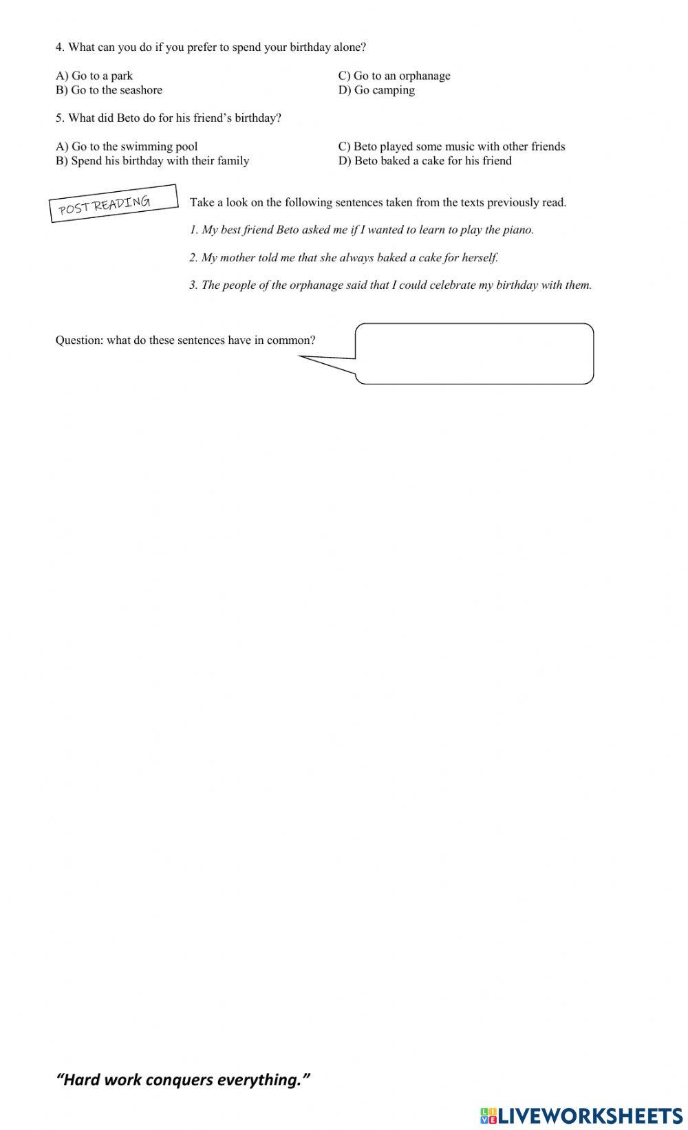 Week 6 - Reading comprehension “Out of the box – Birthday plans”