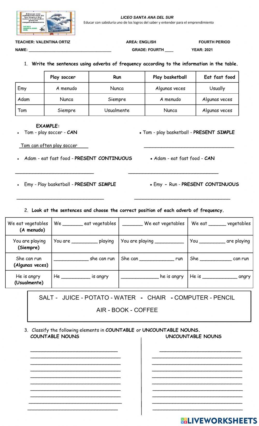 Evaluacion bimestral de ingles grado 4º