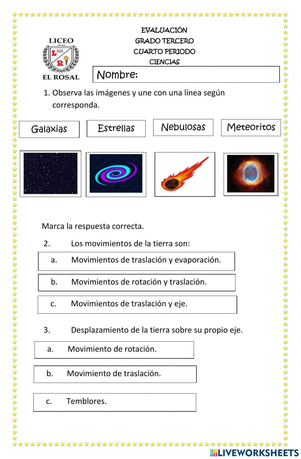 Evaluación ciencias grado tercero
