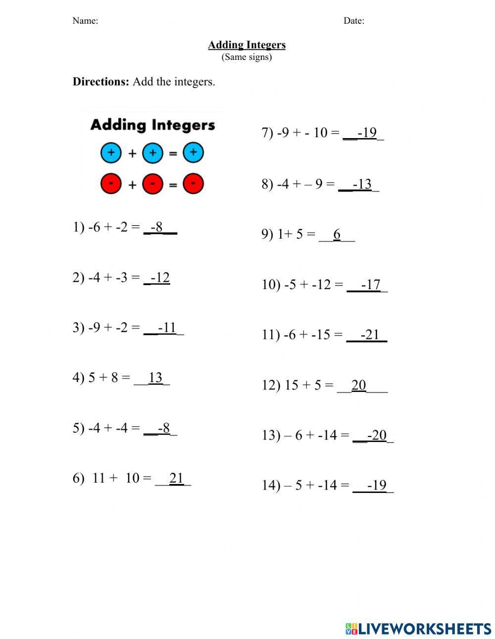 Adding Integers with Same Signs