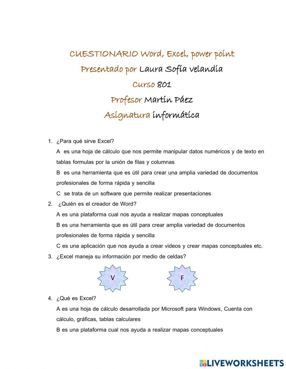 Cuestionario excel, word, power point