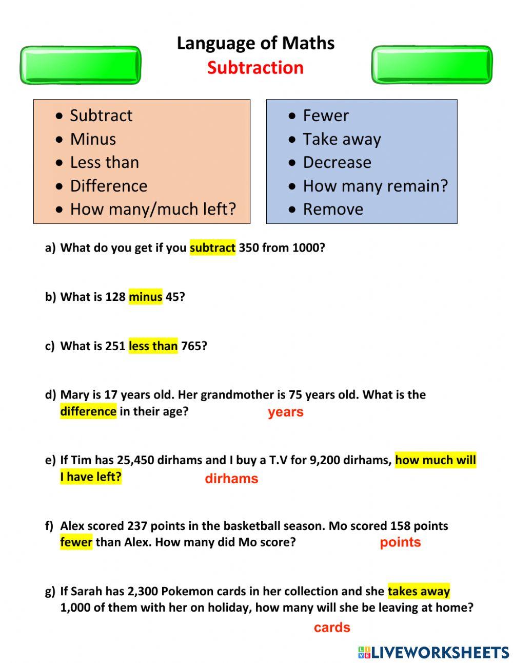 Language of subtraction worksheet | Live Worksheets