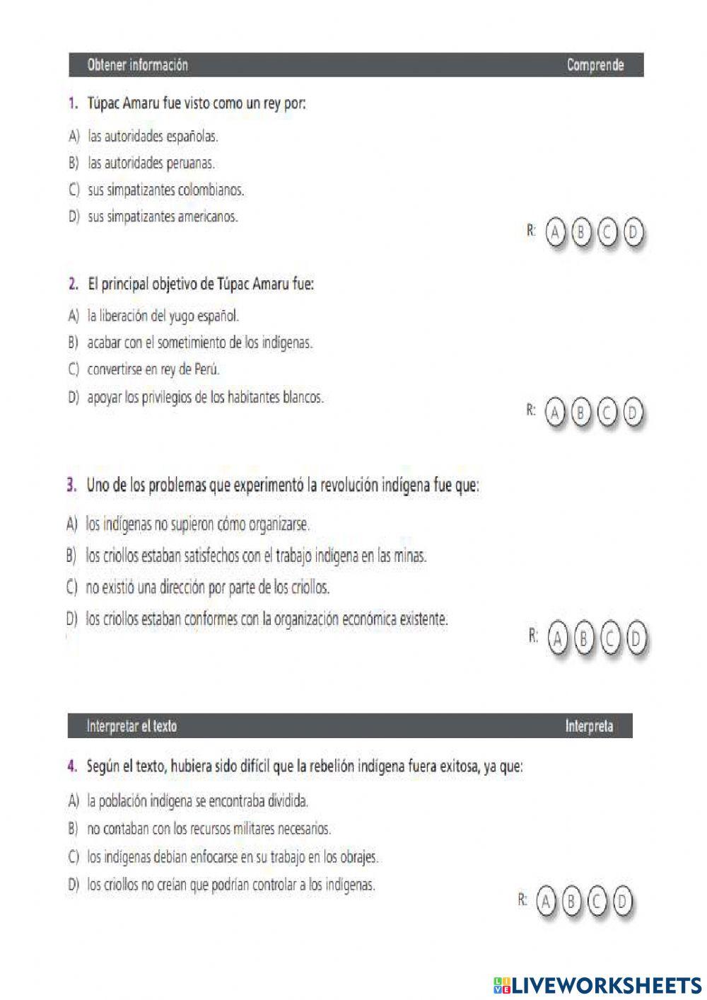 Comprensión lectora- La revuelta de Túpac Amaru II