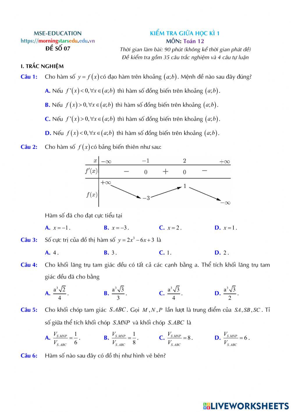 Toán 12 - Kiểm tra GK1 - Đề số 07