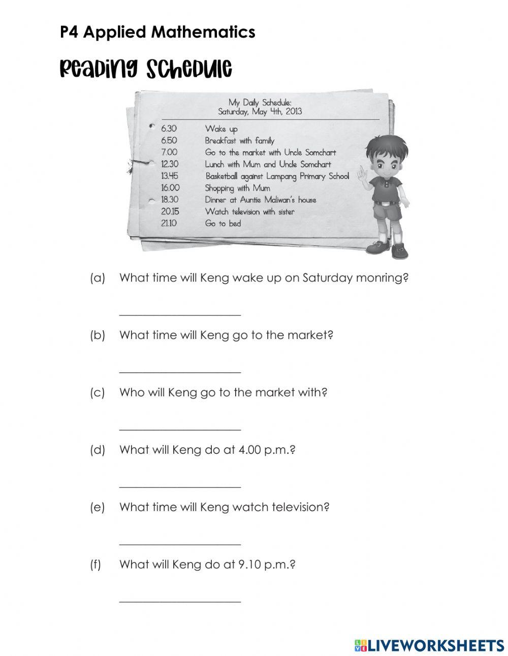 Reading Schedule 6771163 lehcar_hi Live Worksheets