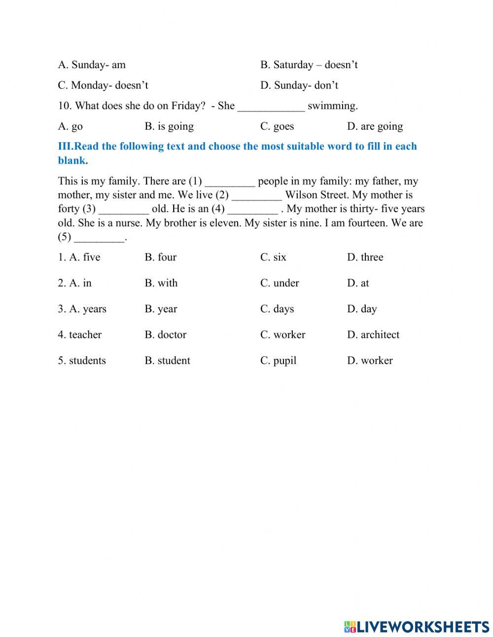 Test unit 4- TIẾNG ANH LỚP 4