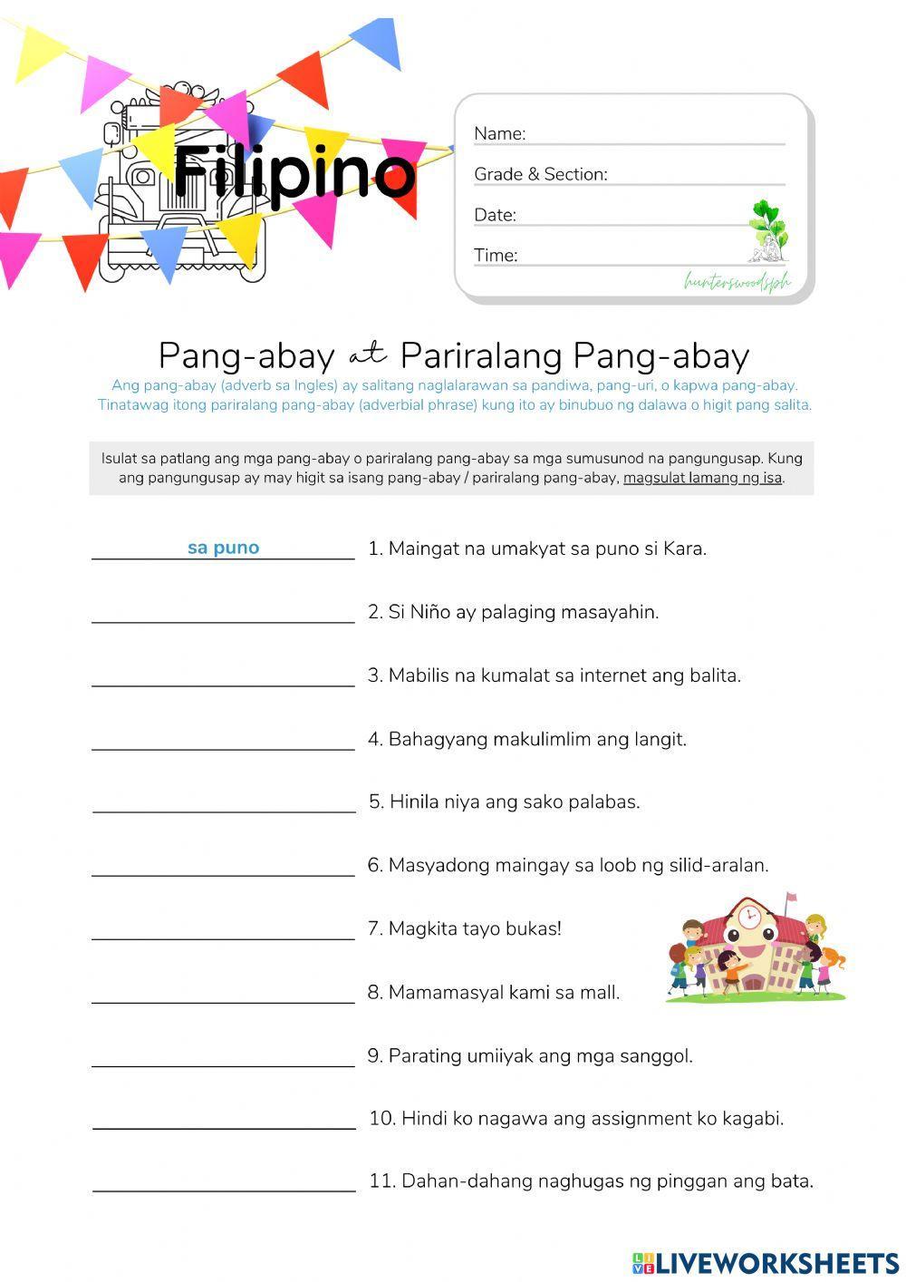 Pang-abay at Pariralang Pang-abay - HuntersWoodsPH.com Worksheet