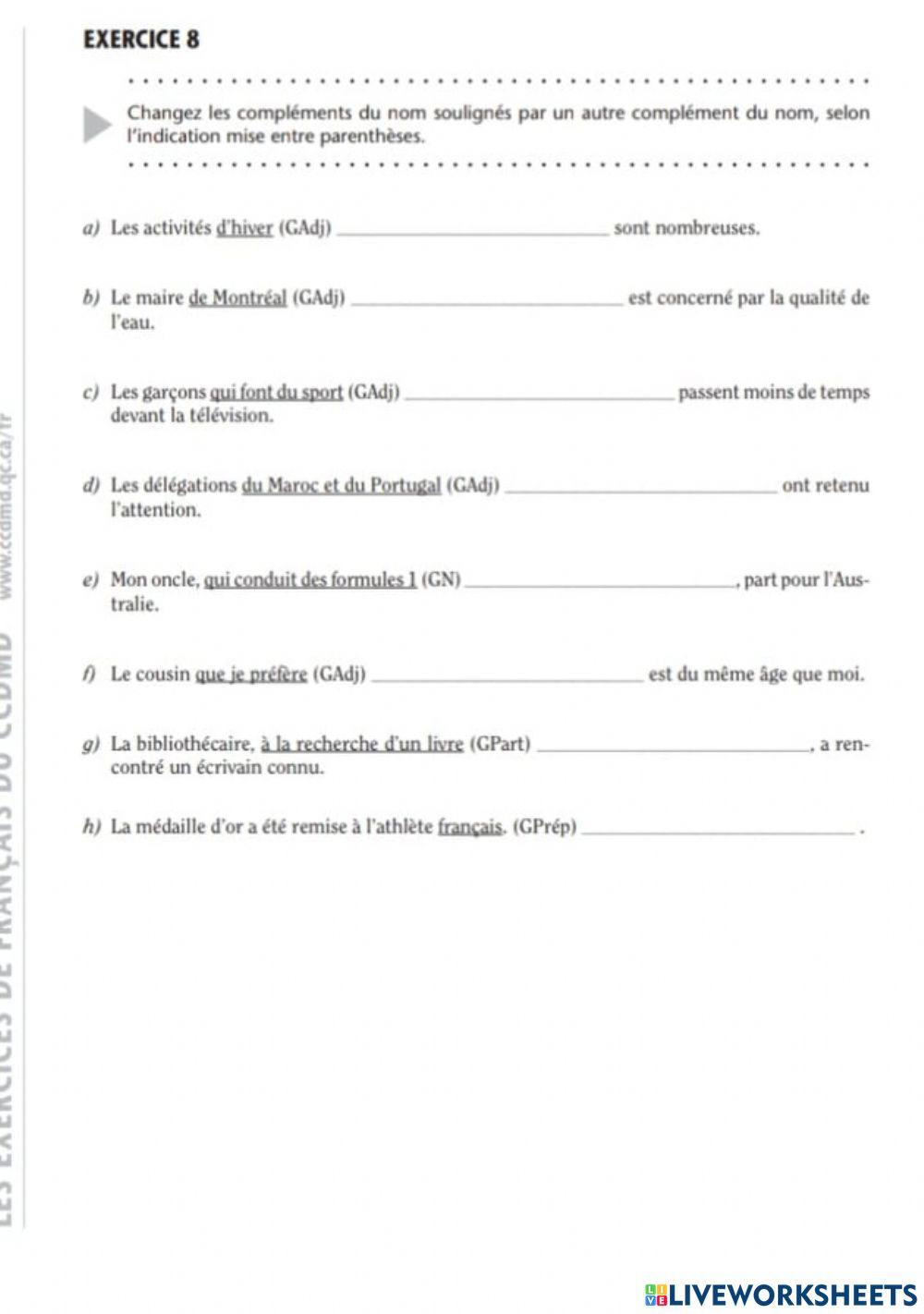 Exercice Sur Le Complément Du Nom Complement du nom worksheet | Live Worksheets