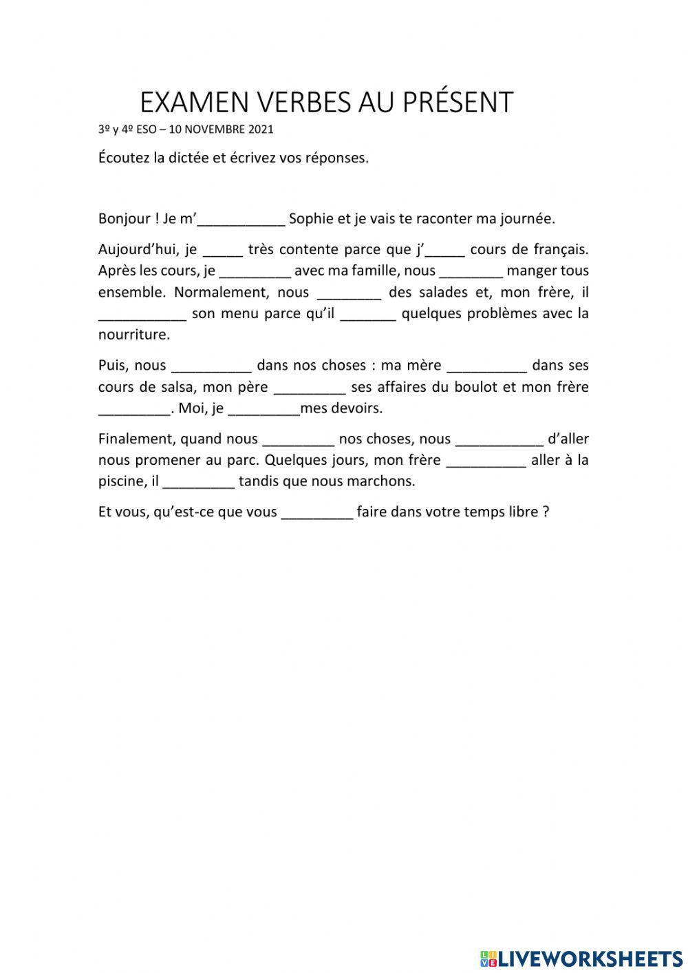 Examen verbes présent