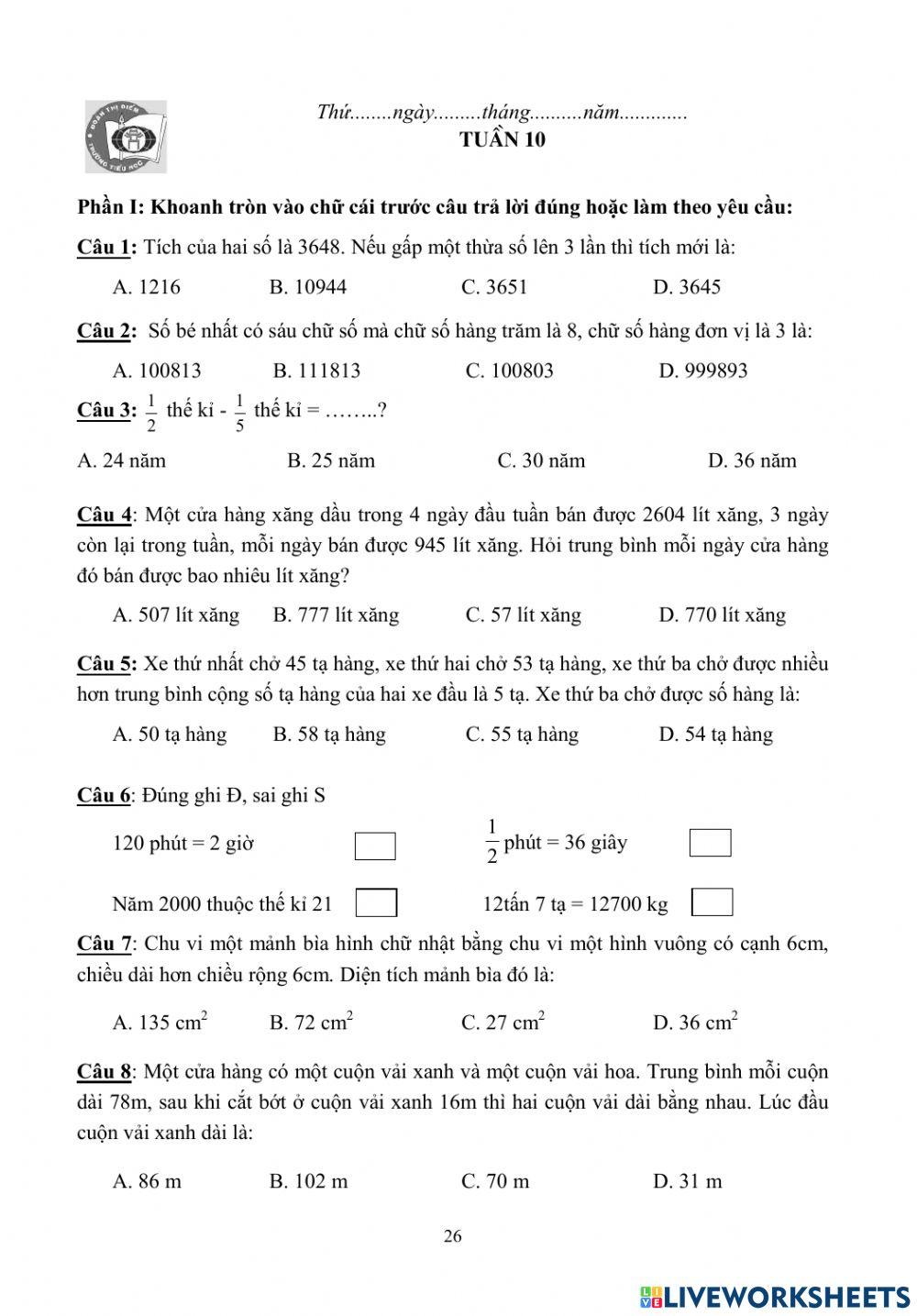 Toán cuối tuần 10